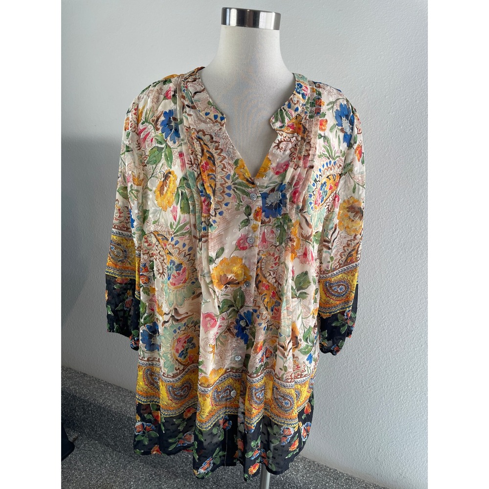 NEW Figueroa & Flower Womens Plus 2X Floral V Neck 3/4‎ Sleeve Blouse Tunic Top